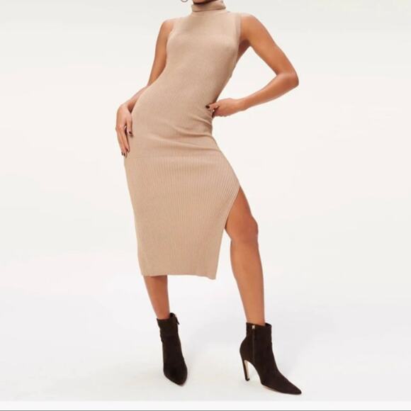 GOOD AMERICAN Ribbed bodycon dress Camel Tan size 1/2 (fits like M) NWT - Picture 4 of 9